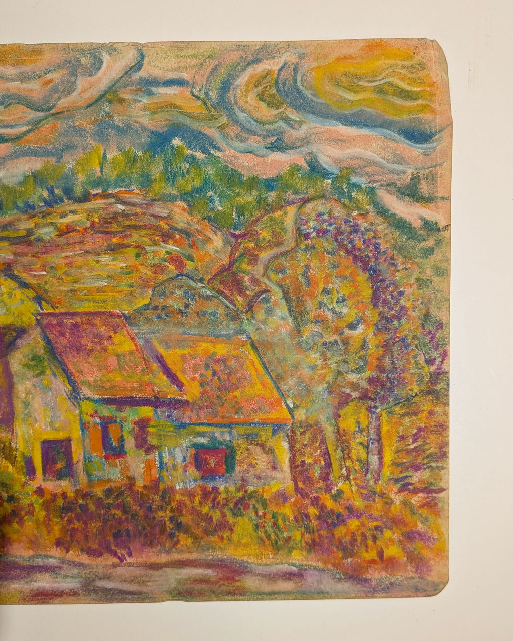 Vintage Mid-Century Expressionist Village Landscape Oil Pastel on Paper
