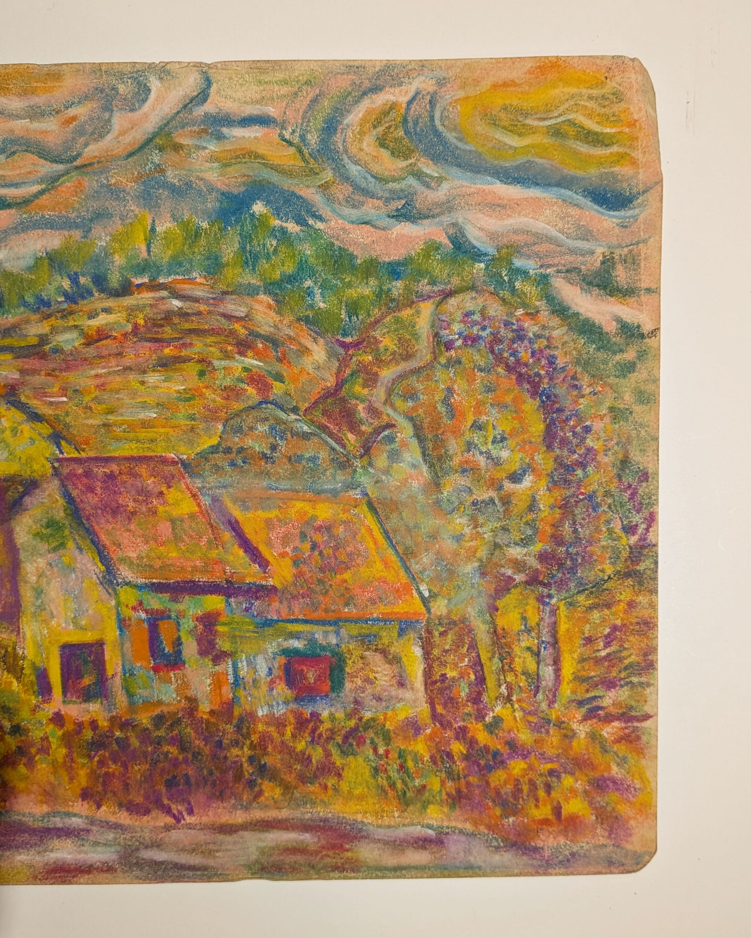 Vintage Mid-Century Expressionist Village Landscape Oil Pastel on Paper