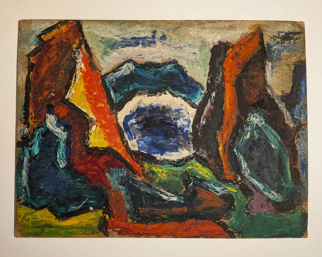Vintage Mid-Century Modernist Expressionist Mountain Landscape Oil on Board