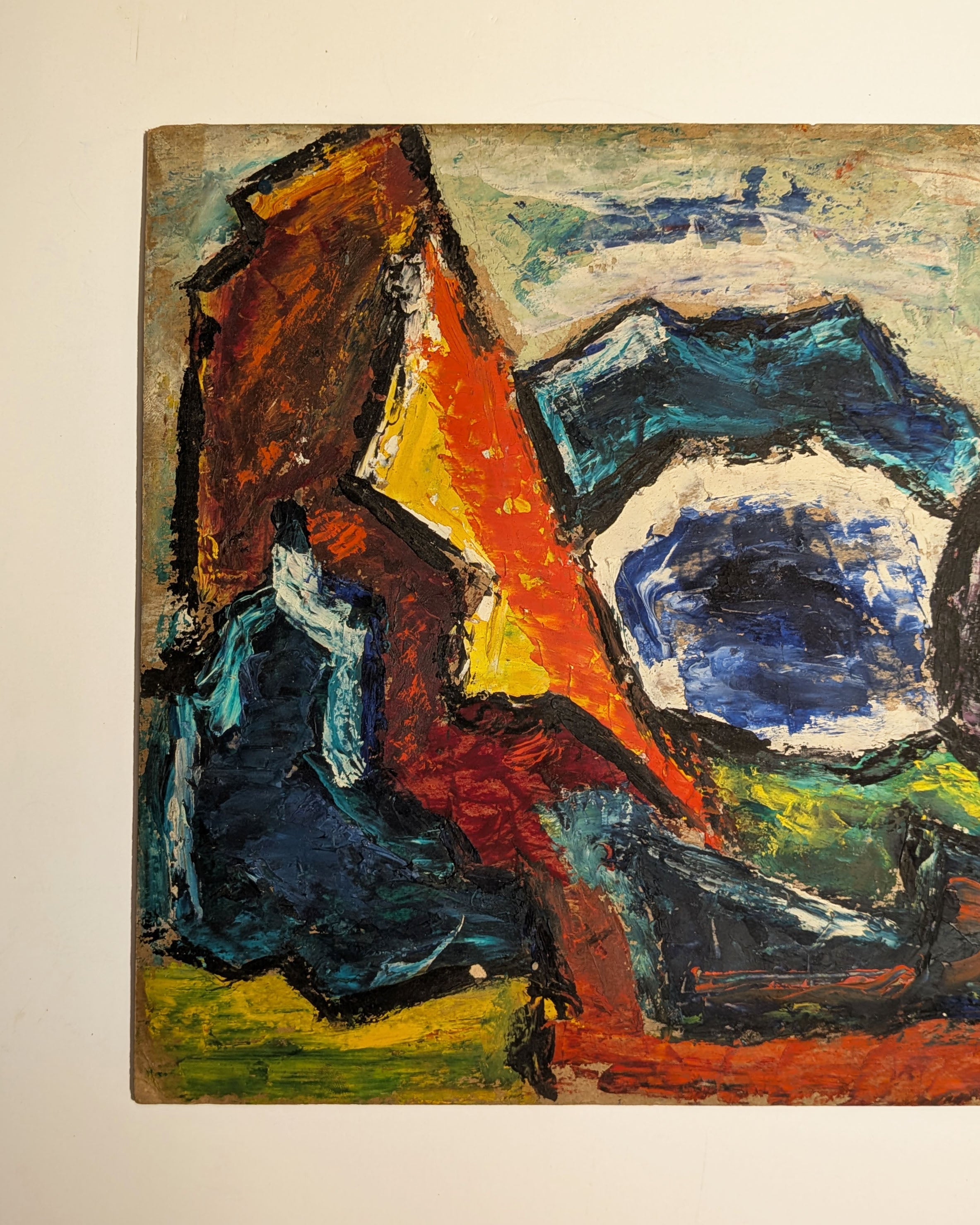 Vintage Mid-Century Modernist Expressionist Mountain Landscape Oil on Board