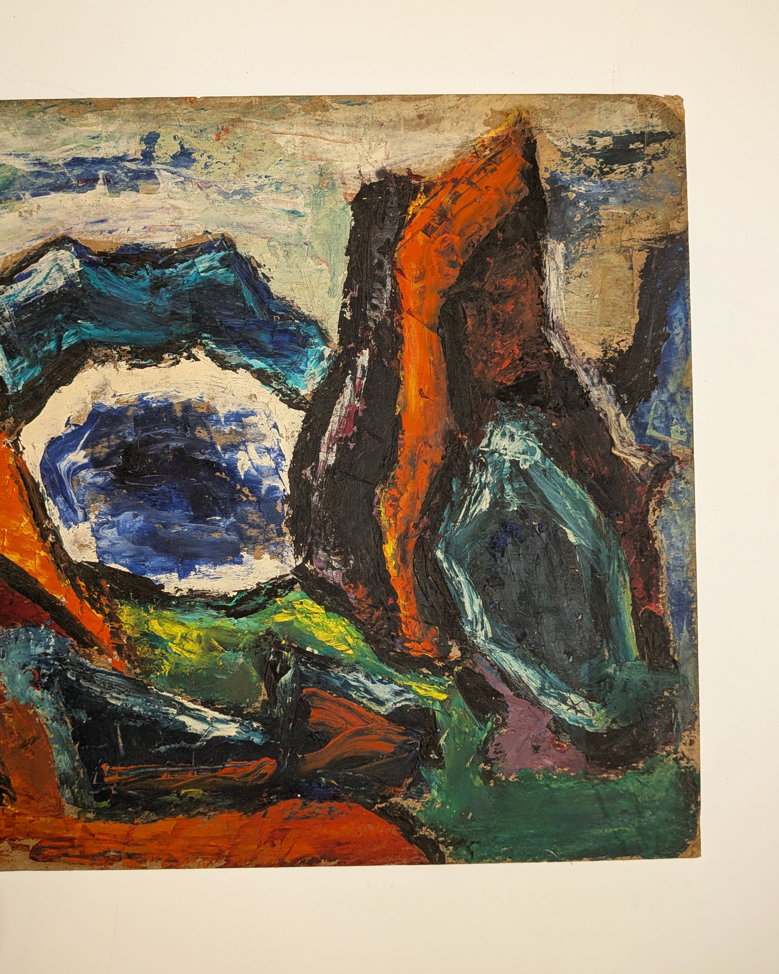 Vintage Mid-Century Modernist Expressionist Mountain Landscape Oil on Board