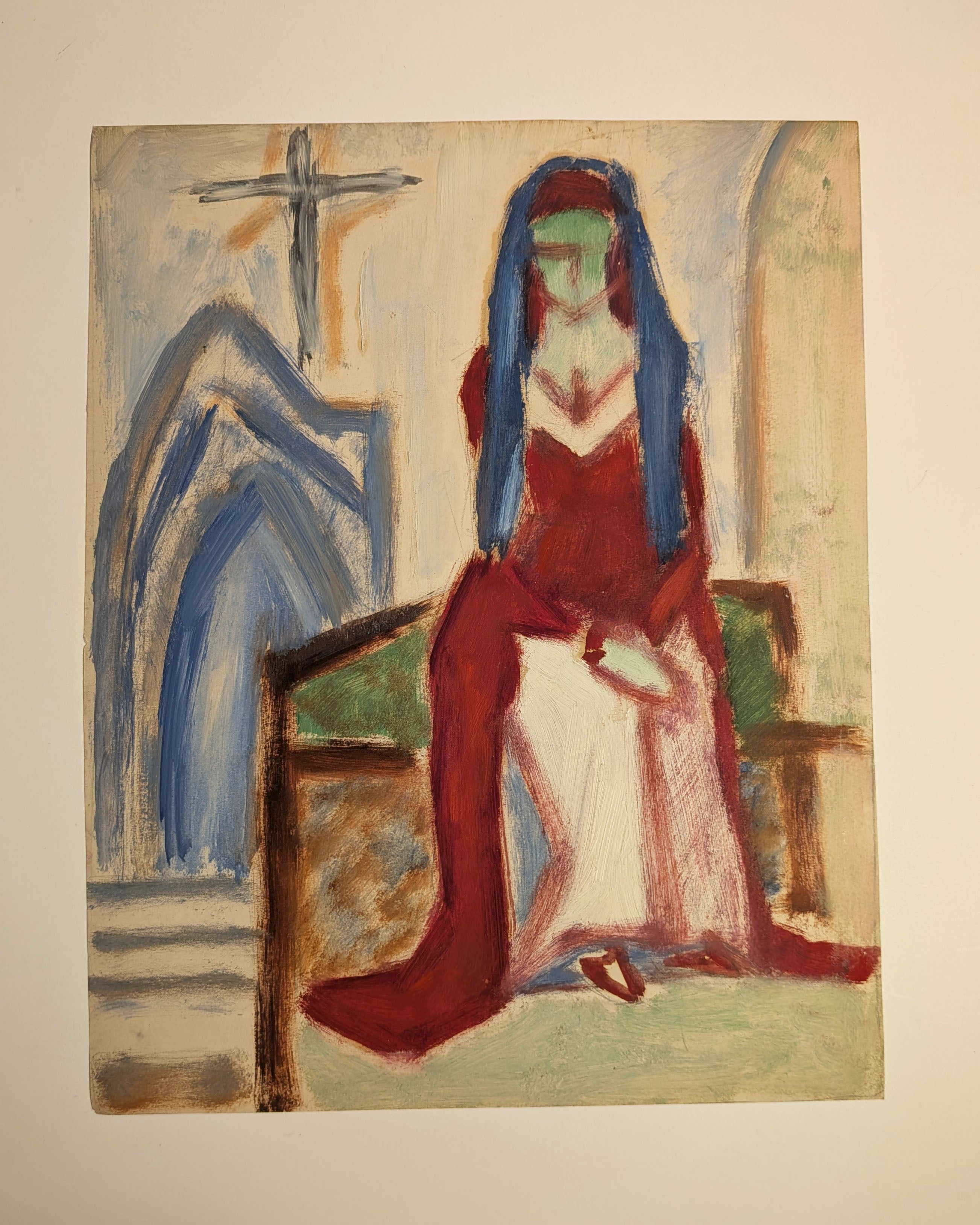 Mid-Century Expressionist Nun in Habit Painting, Oil on Paper, Unsigned