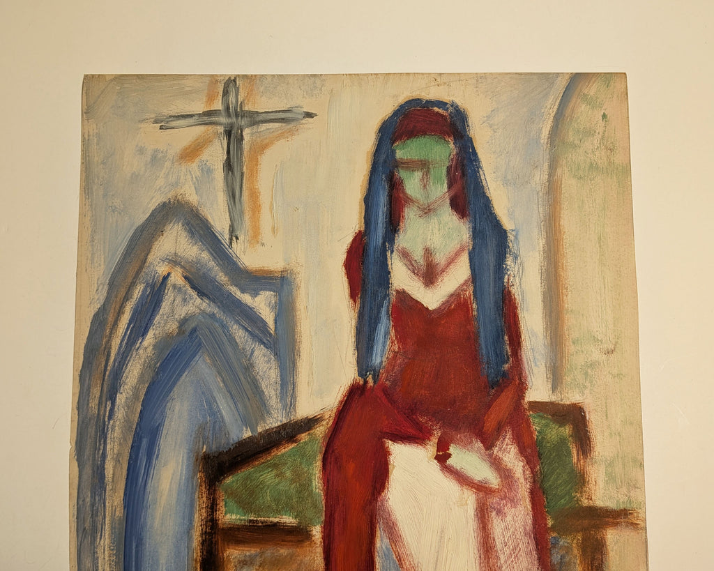 Mid-Century Expressionist Nun in Habit Painting, Oil on Paper, Unsigned