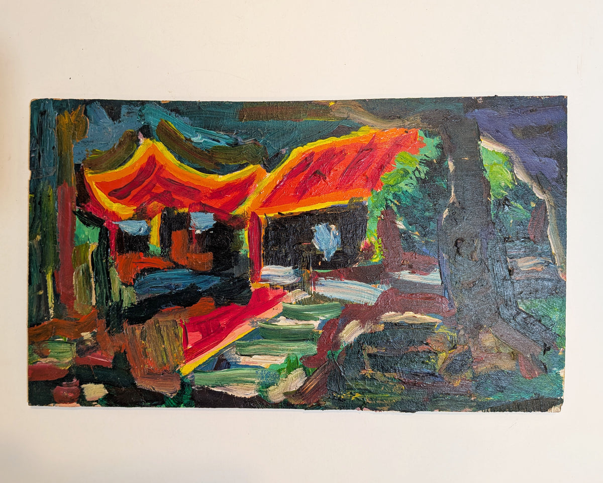 Vintage Mid-Century Expressionist Architectural Pagoda Landscape Painting