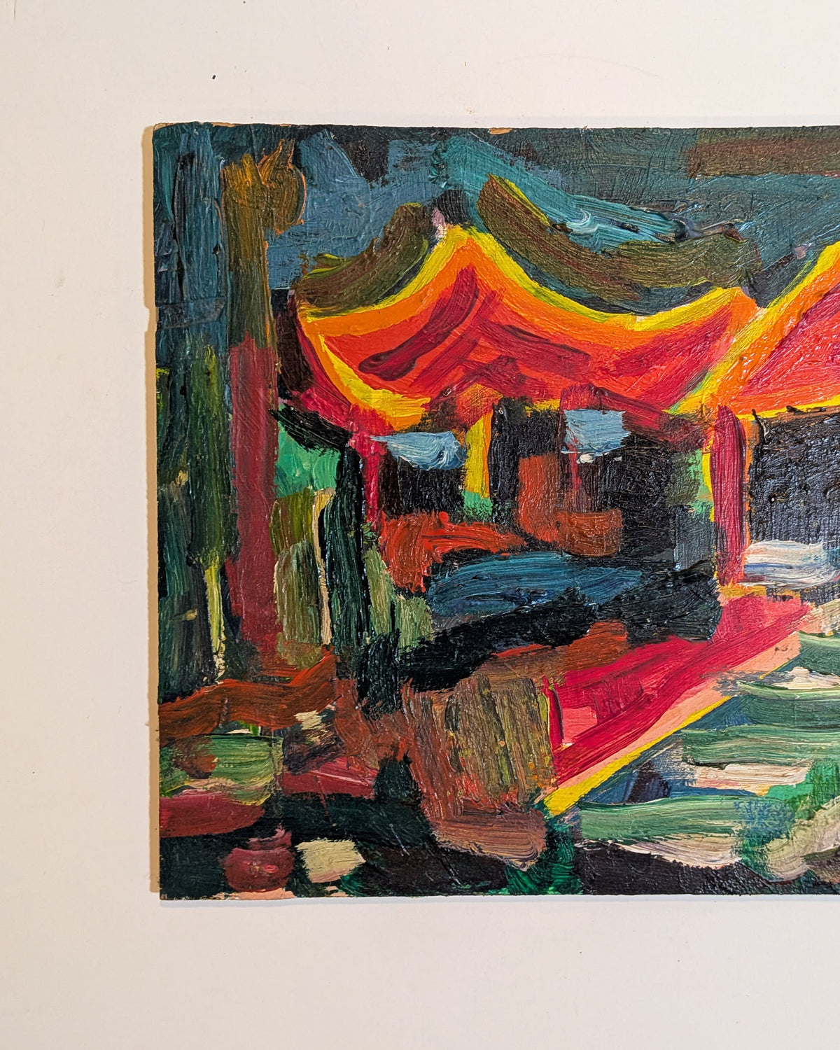Vintage Mid-Century Expressionist Architectural Pagoda Landscape Painting