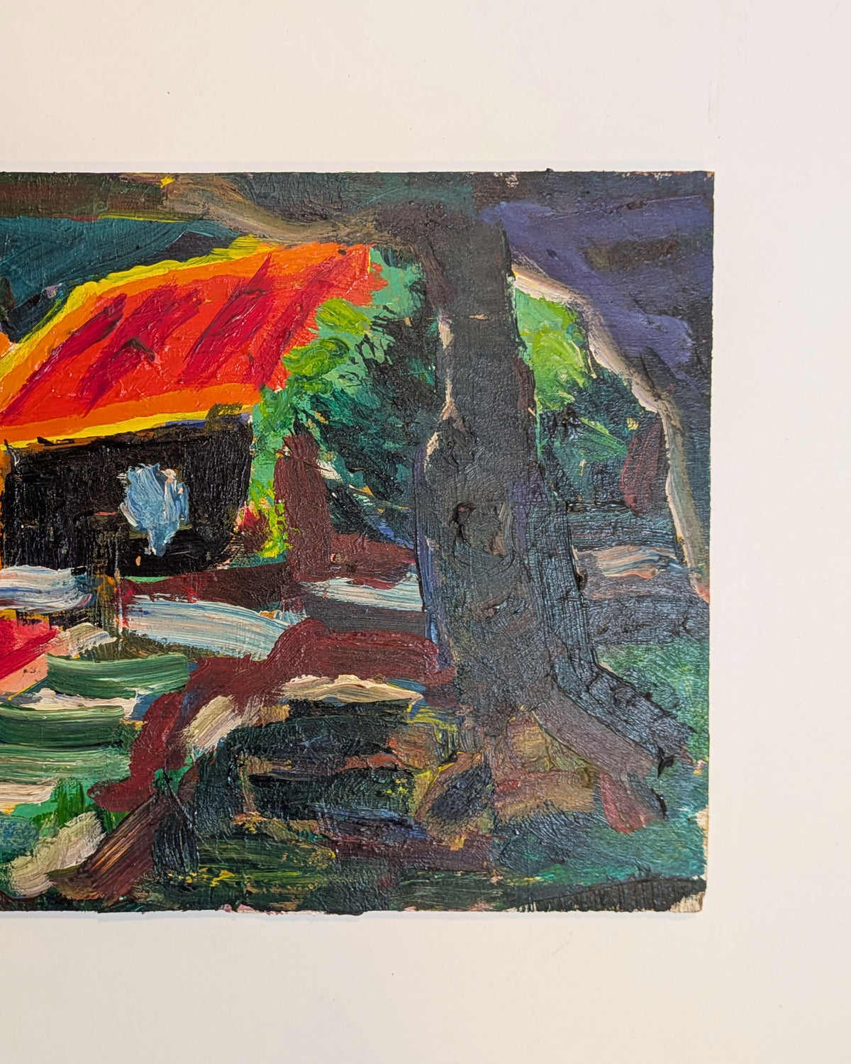 Vintage Mid-Century Expressionist Architectural Pagoda Landscape Painting