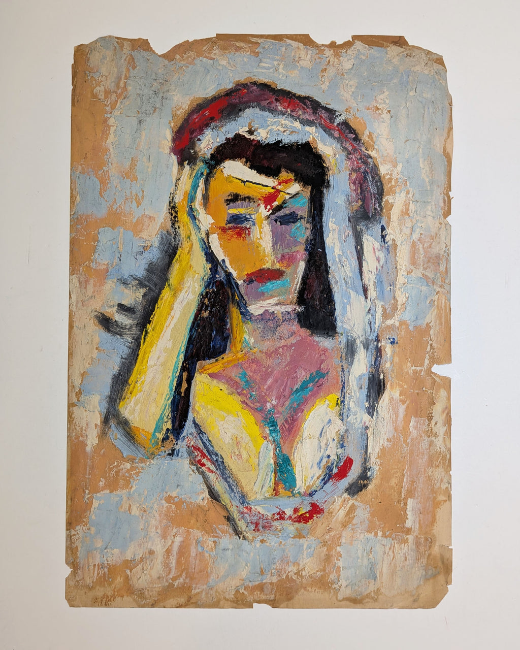 Vintage Mid-Century Expressionist Woman Portrait Oil Painting on Paper Impasto