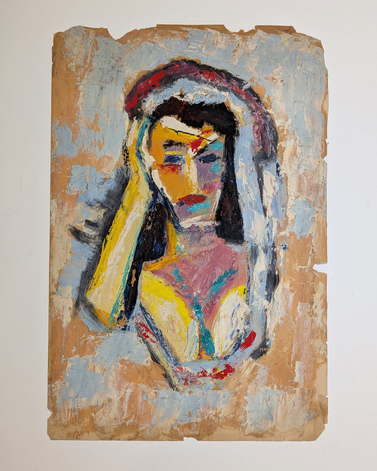 Vintage Mid-Century Expressionist Woman Portrait Oil Painting on Paper Impasto