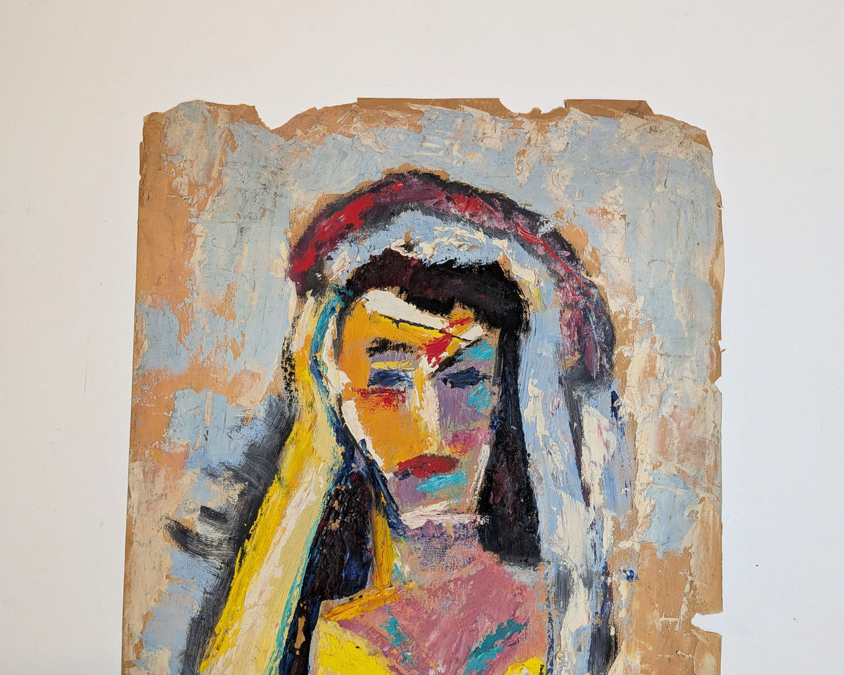Vintage Mid-Century Expressionist Woman Portrait Oil Painting on Paper Impasto