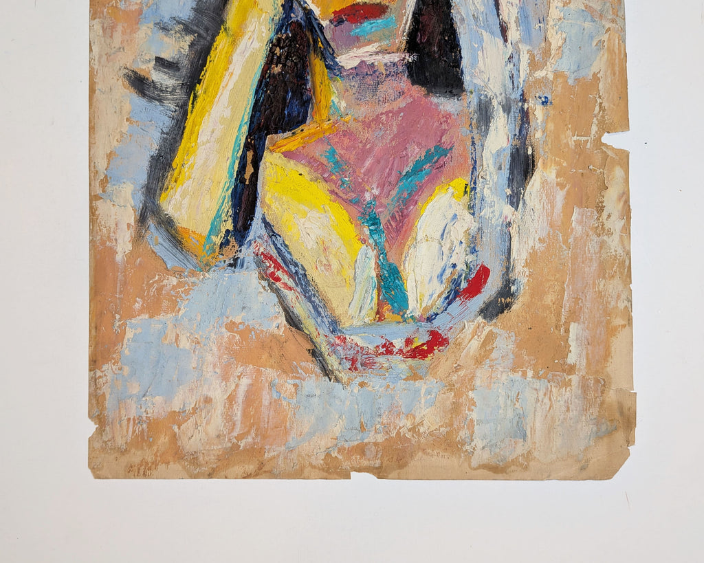 Vintage Mid-Century Expressionist Woman Portrait Oil Painting on Paper Impasto