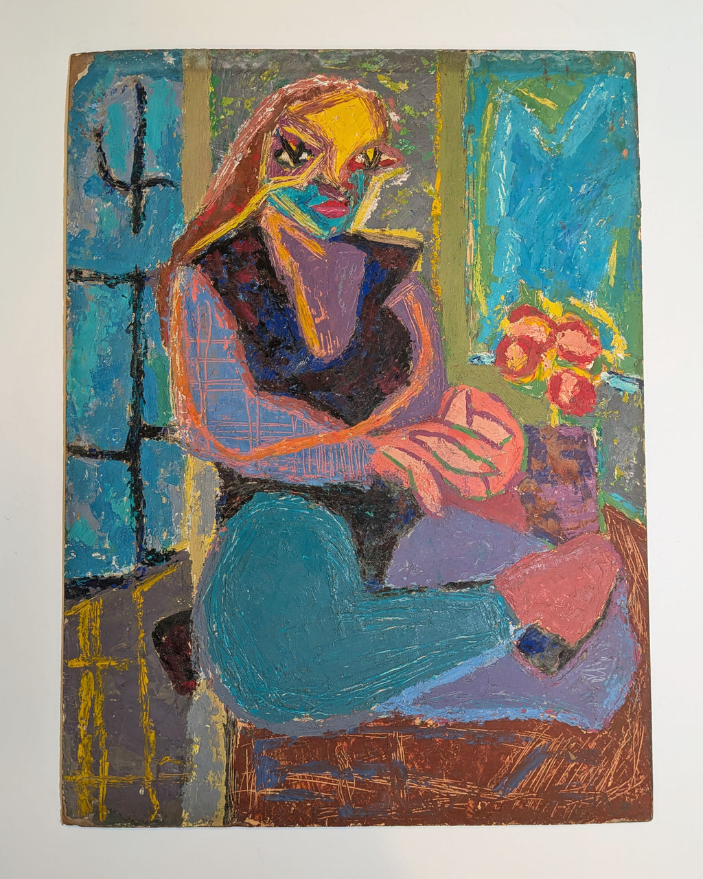Vintage Mid-Century Expressionist Seated Woman, Oil Painting on Board, Unsigned
