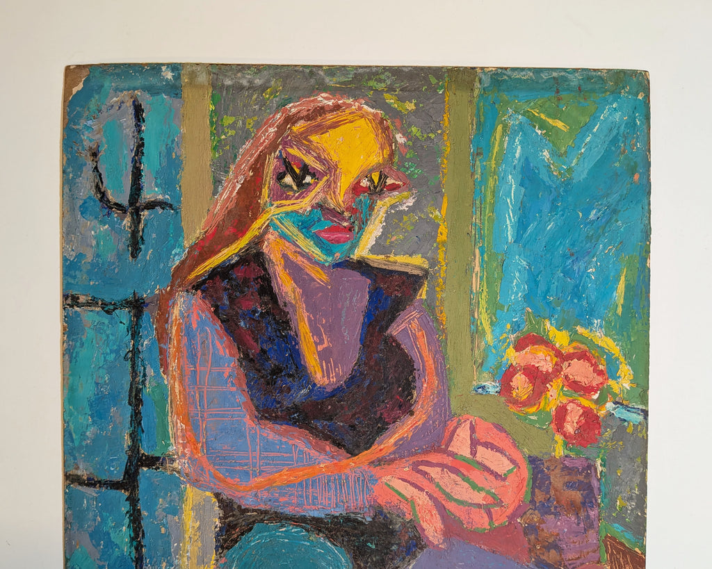 Vintage Mid-Century Expressionist Seated Woman, Oil Painting on Board, Unsigned