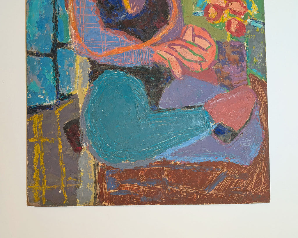 Vintage Mid-Century Expressionist Seated Woman, Oil Painting on Board, Unsigned