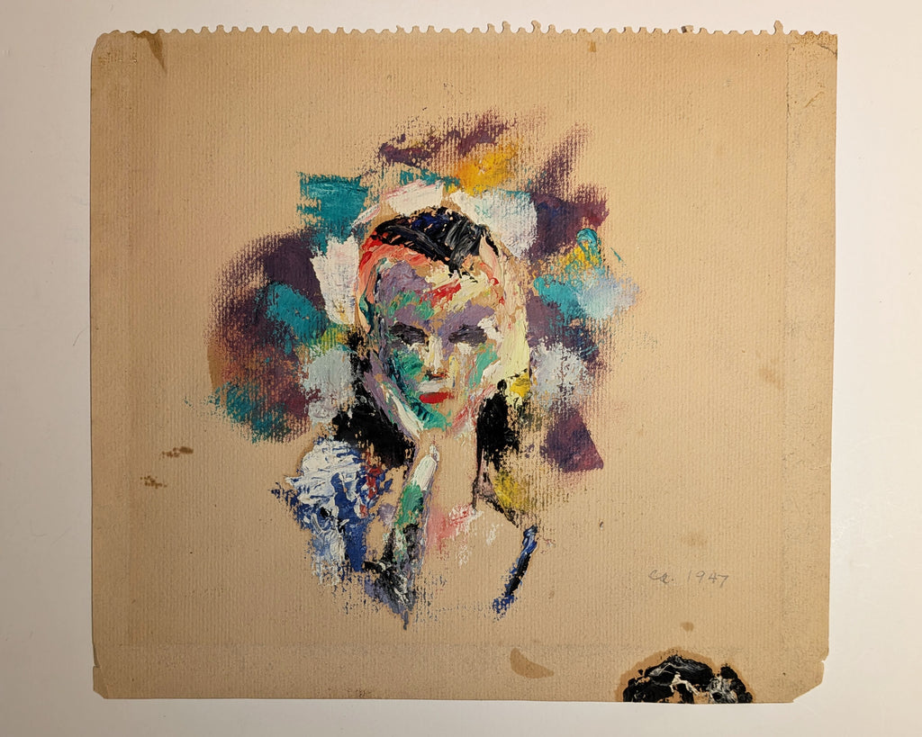 Vintage Expressionist Portrait of Woman, Oil on Paper, Inscribed 'ca. 1947'