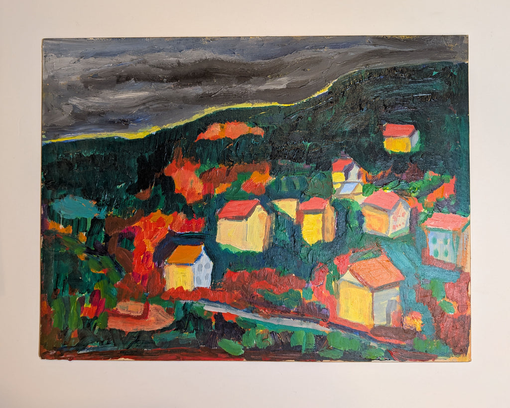 Fauvist / Expressionist Village Landscape on a Hillside, Acrylic on Board