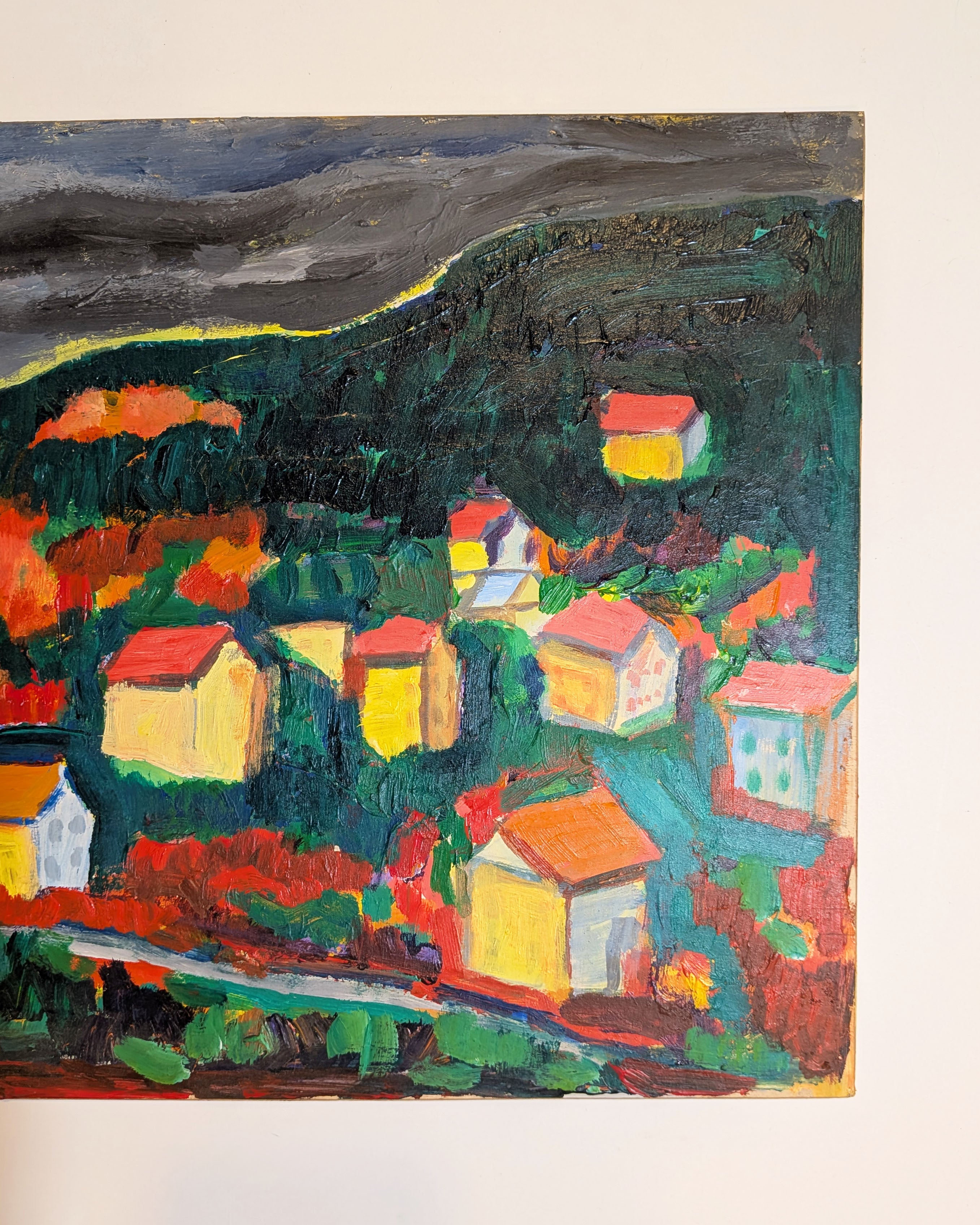 Fauvist / Expressionist Village Landscape on a Hillside, Acrylic on Board