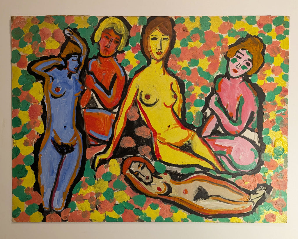 Vintage Expressionist Fauvist Nude Figures Group Painting, Unsigned, Bold Color
