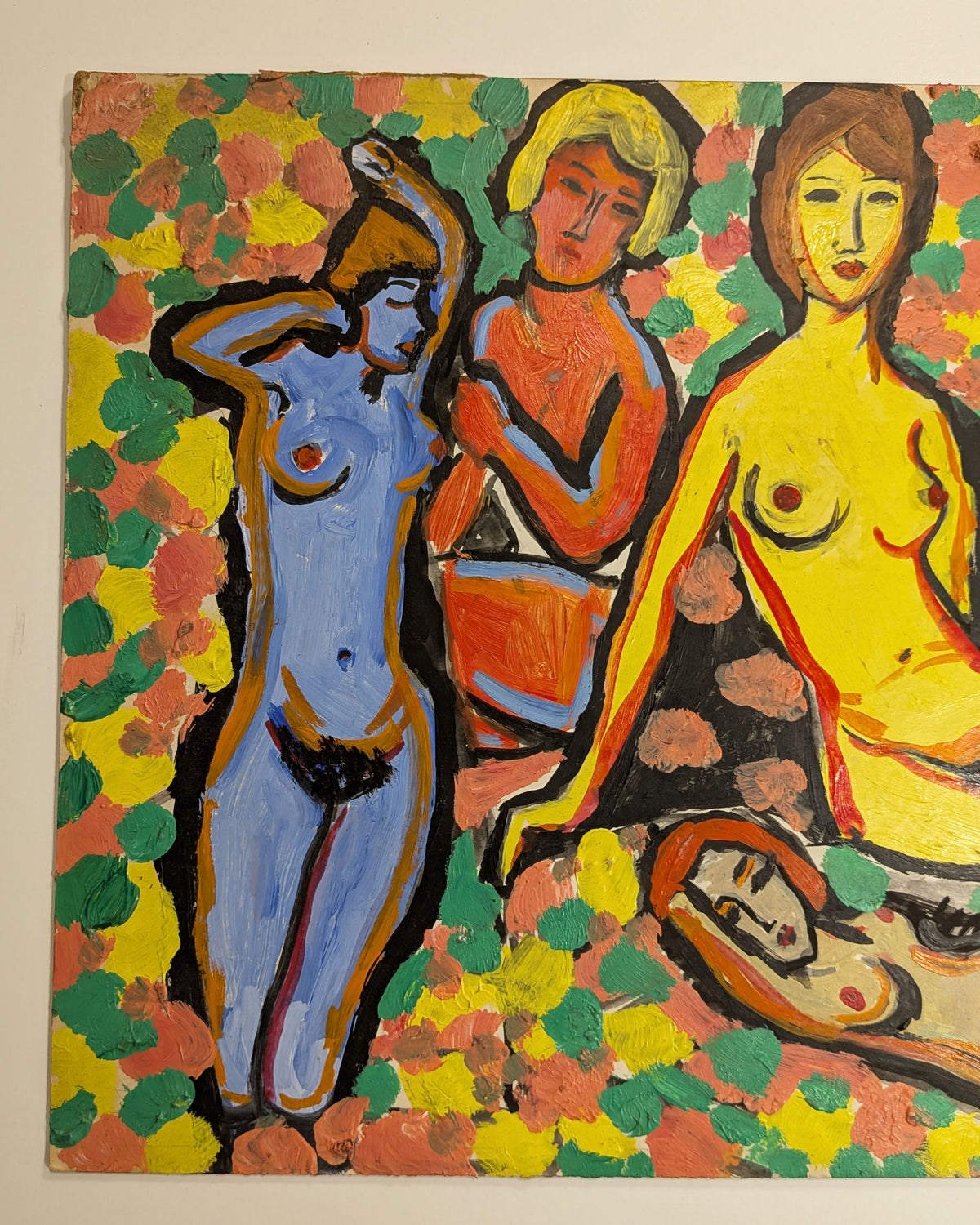 Vintage Expressionist Fauvist Nude Figures Group Painting, Unsigned, Bold Color