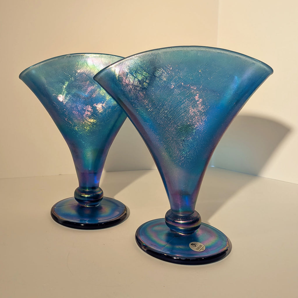 Pair Fenton Celeste Blue Stretch Glass Fan Vases Iridescent Oval Logo Vintage