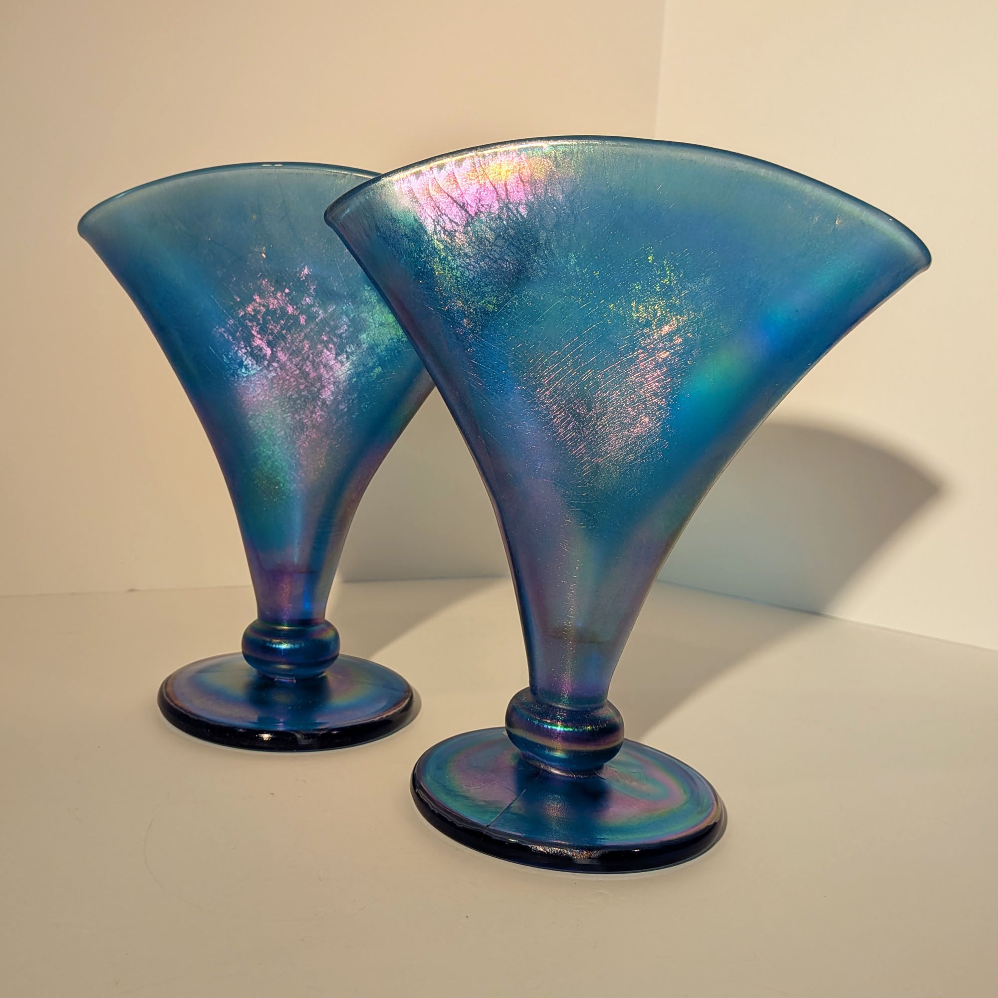 Pair Fenton Celeste Blue Stretch Glass Fan Vases Iridescent Oval Logo Vintage