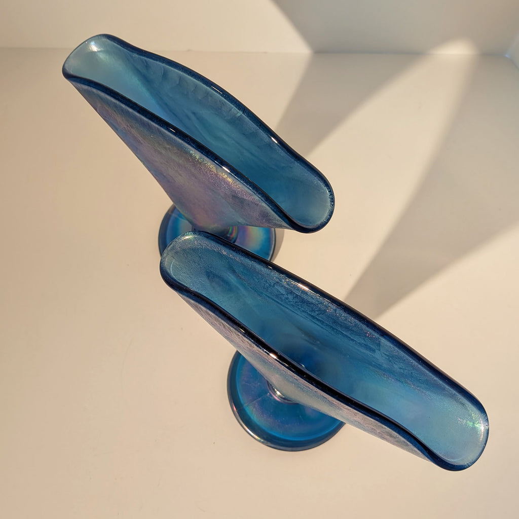 Pair Fenton Celeste Blue Stretch Glass Fan Vases Iridescent Oval Logo Vintage