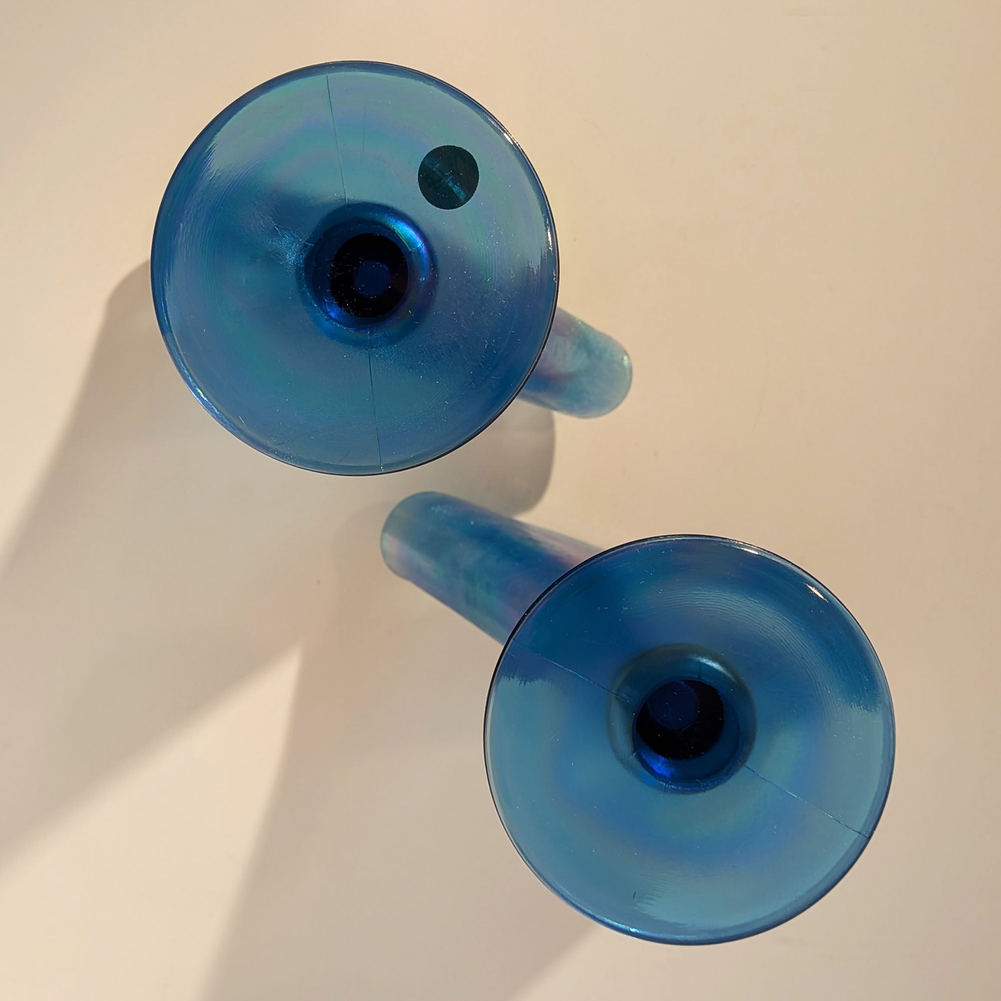 Pair Fenton Celeste Blue Stretch Glass Fan Vases Iridescent Oval Logo Vintage