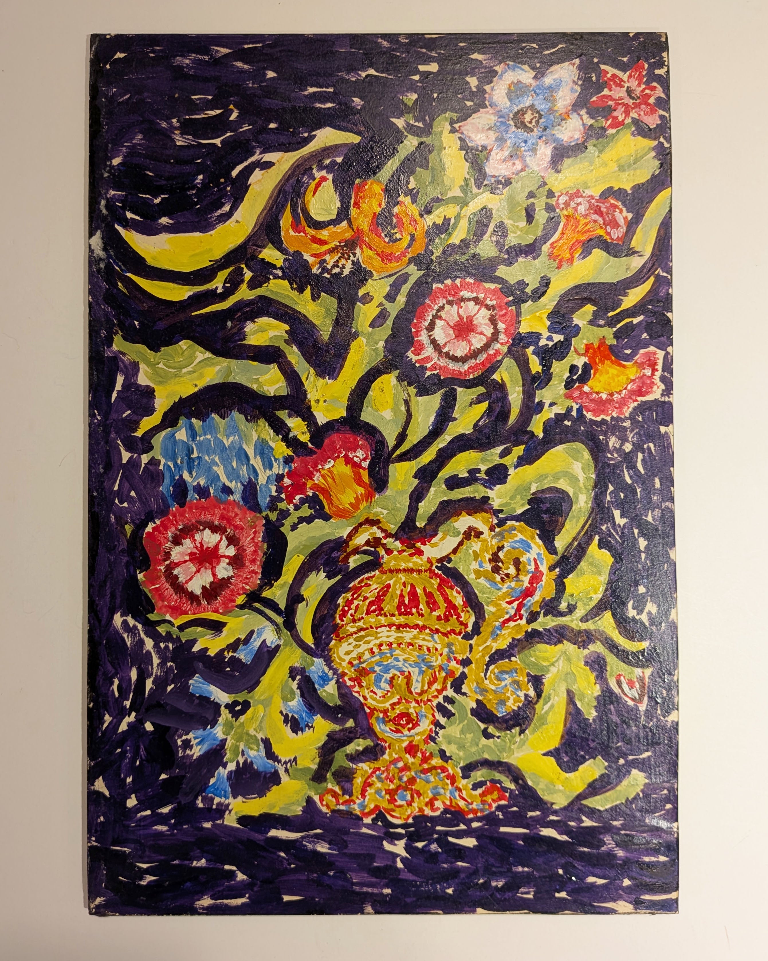 Vintage Post-Impressionist Floral Still Life Painting Acrylic on Board