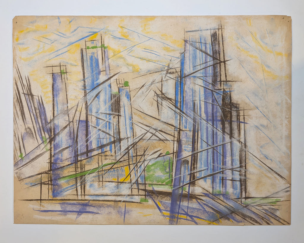Mid-Century Modern Futurist-Style Cityscape Drawing, Pastel on Paper, Unsigned
