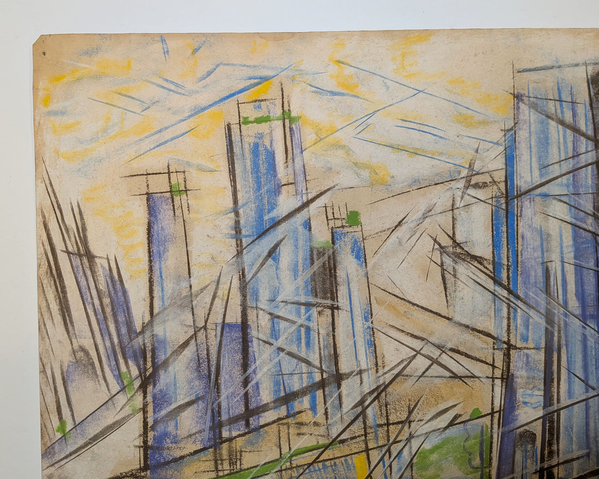 Mid-Century Modern Futurist-Style Cityscape Drawing, Pastel on Paper, Unsigned