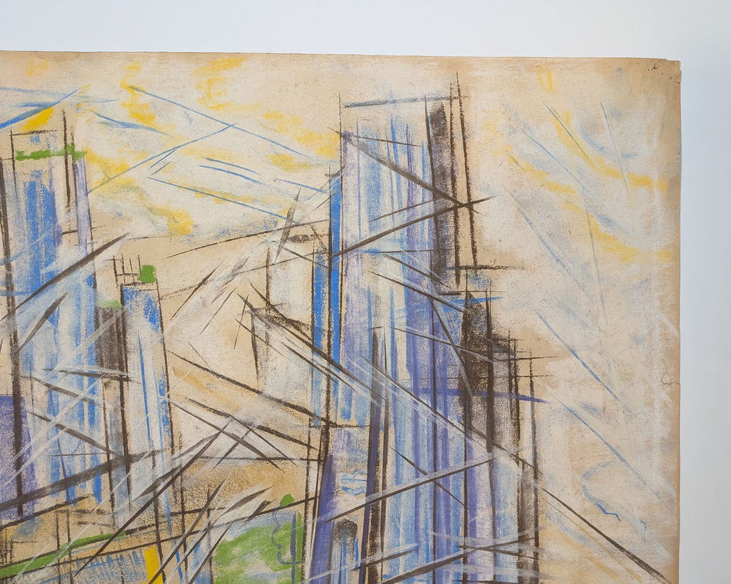 Mid-Century Modern Futurist-Style Cityscape Drawing, Pastel on Paper, Unsigned