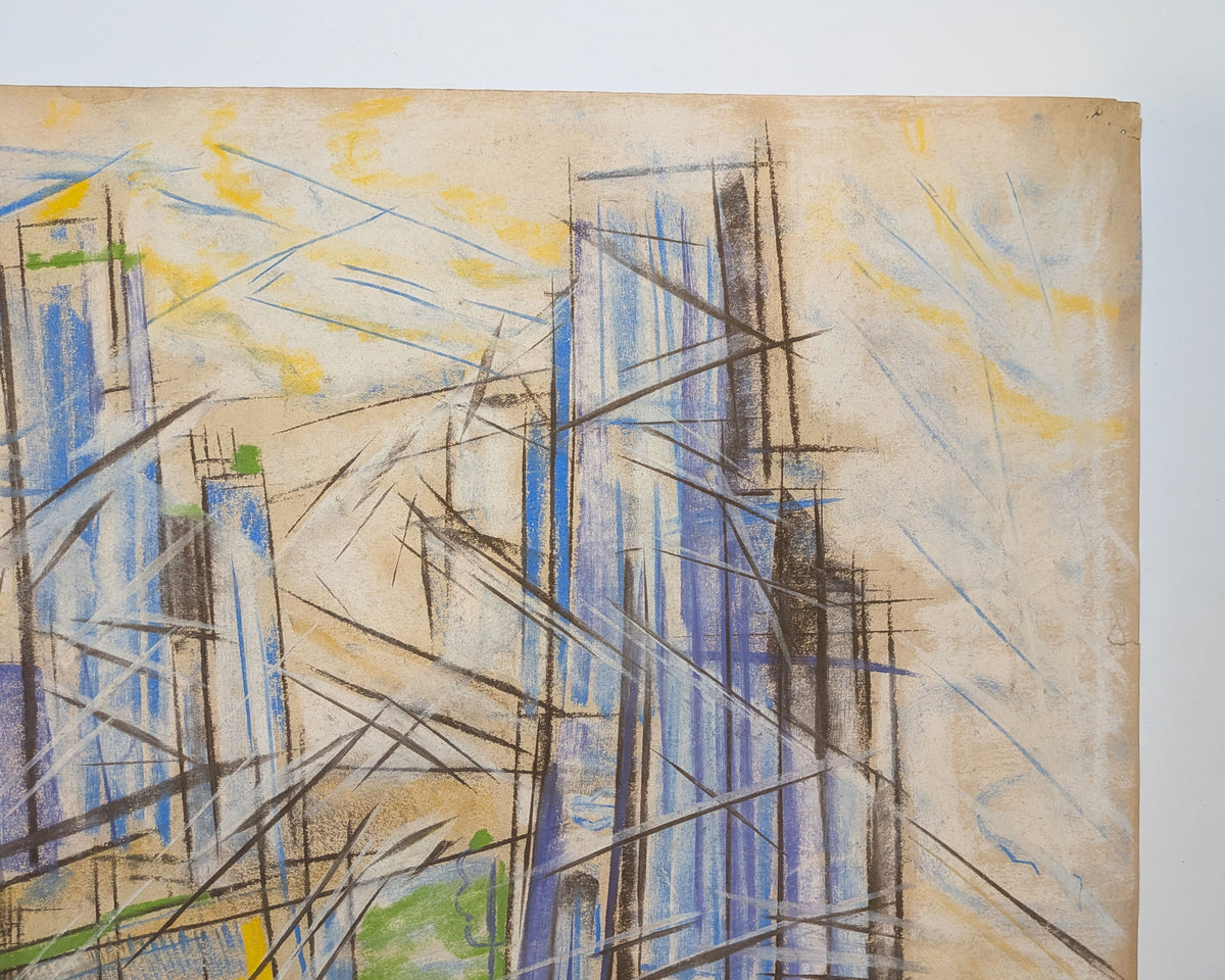 Mid-Century Modern Futurist-Style Cityscape Drawing, Pastel on Paper, Unsigned