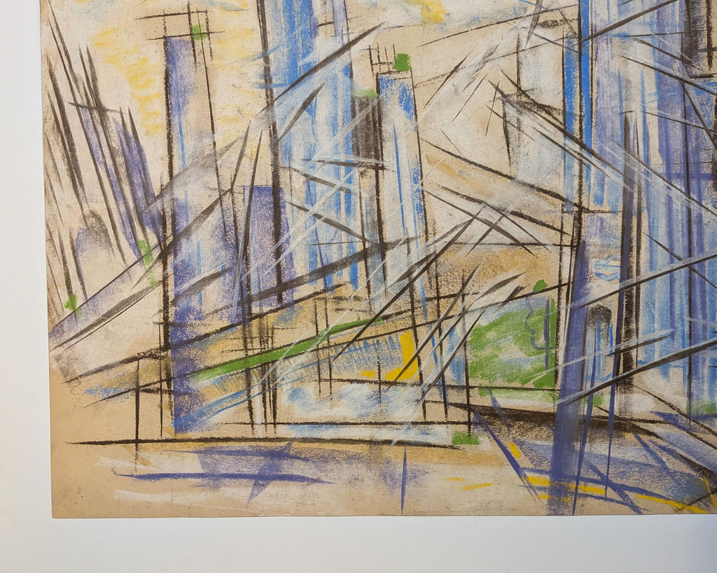 Mid-Century Modern Futurist-Style Cityscape Drawing, Pastel on Paper, Unsigned