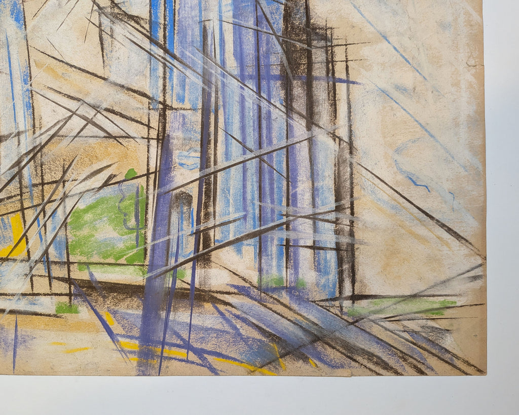 Mid-Century Modern Futurist-Style Cityscape Drawing, Pastel on Paper, Unsigned