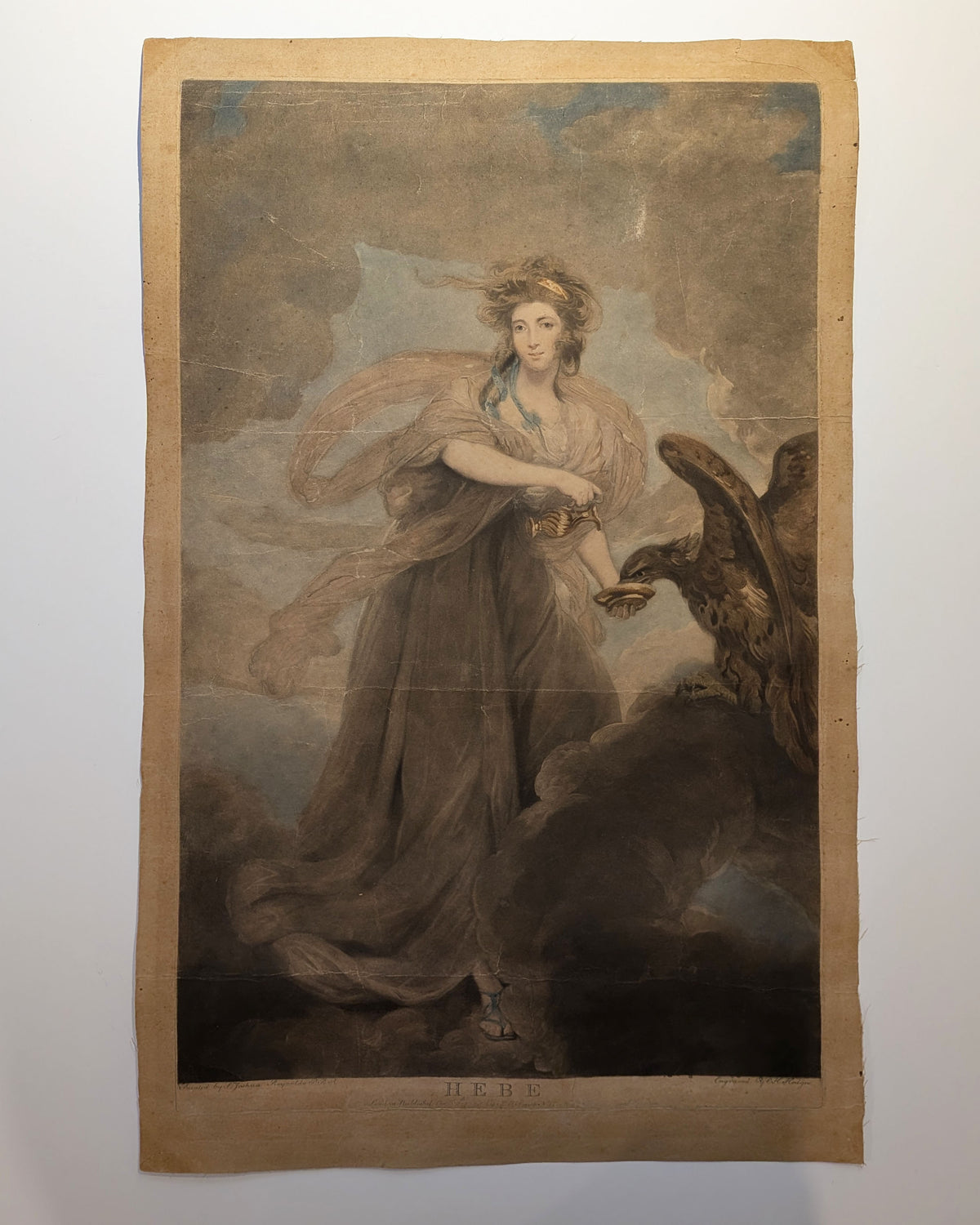 Antique 1785 Hand Colored Engraving Mrs Musters HEBE after Sir Joshua Reynolds