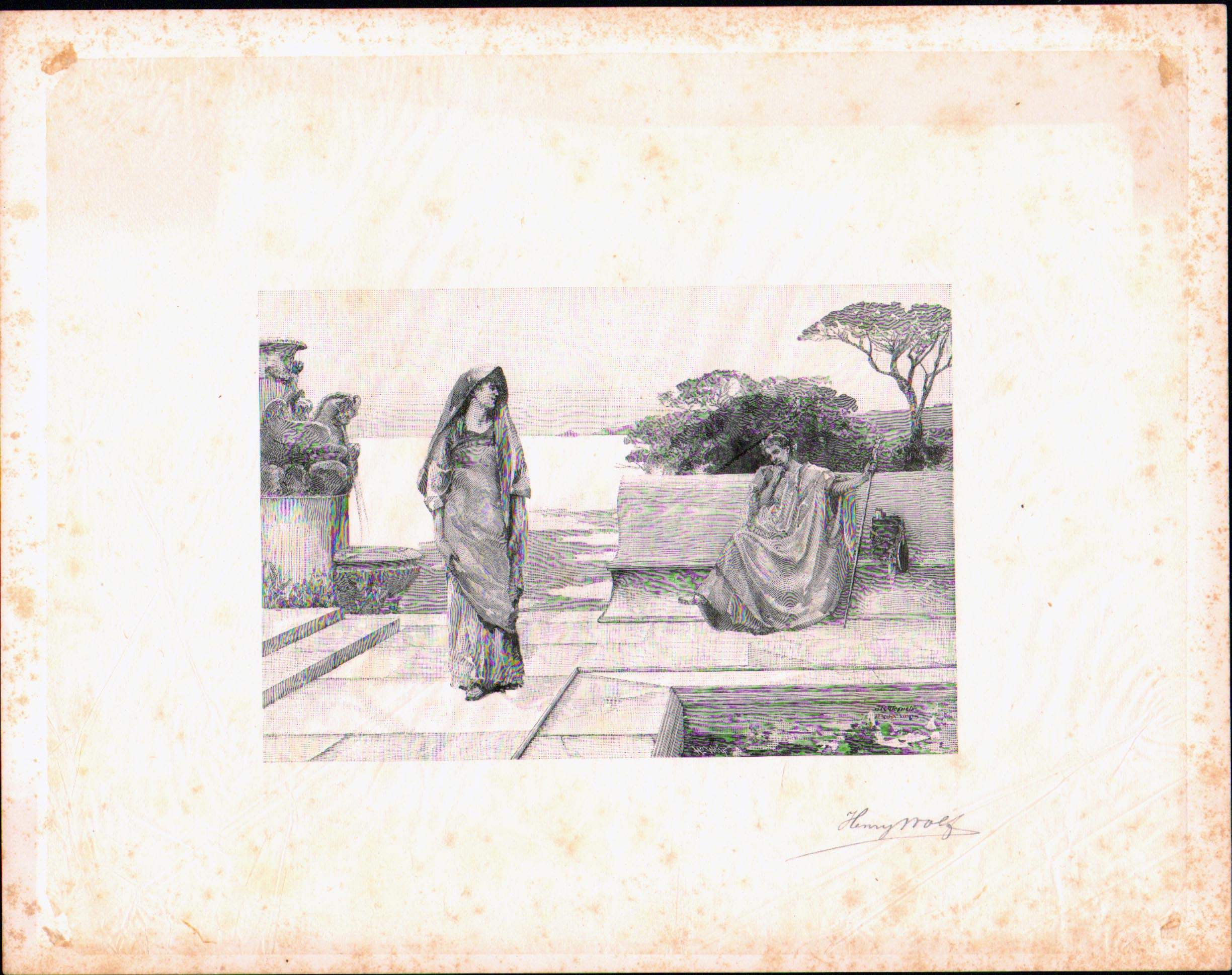 Henry Wolf 1890 Signed Wood Engraving Proof - Horace and Lydia after Weguelin