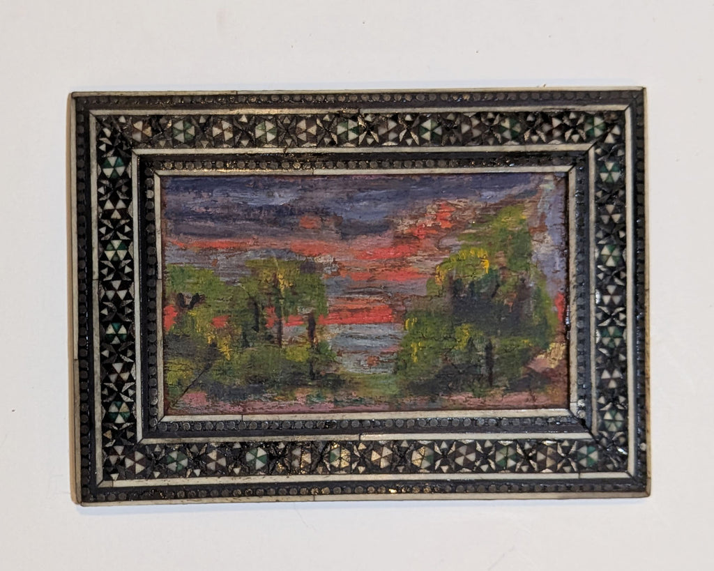 Miniature Impressionist Oil Landscape in Damascene Inlaid Mother of Pearl Frame