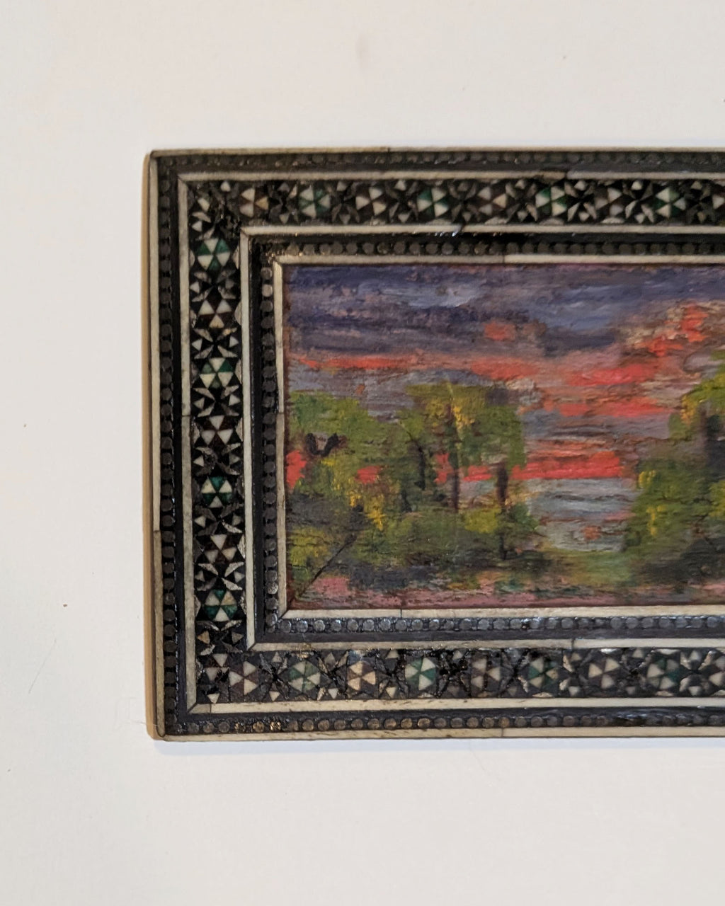 Miniature Impressionist Oil Landscape in Damascene Inlaid Mother of Pearl Frame
