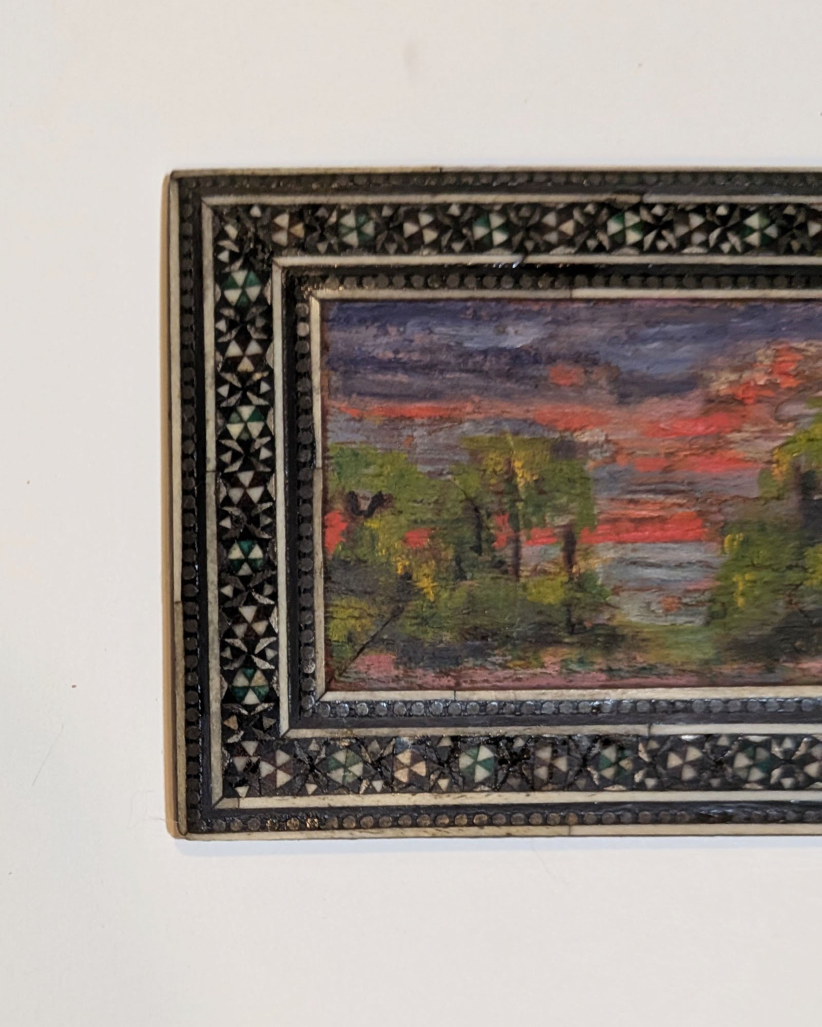 Miniature Impressionist Oil Landscape in Damascene Inlaid Mother of Pearl Frame