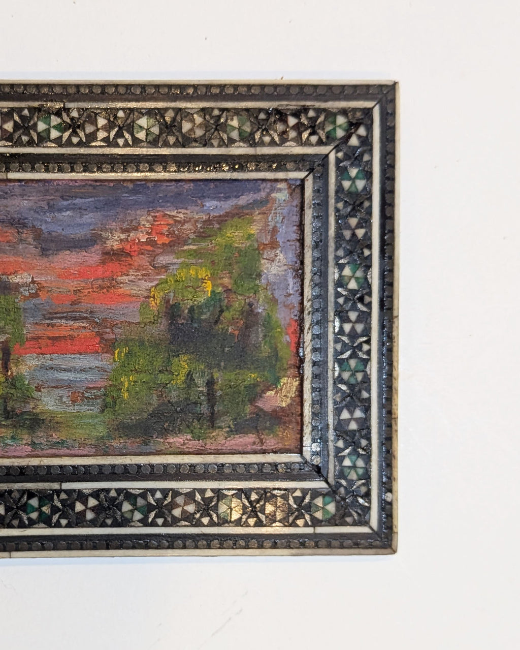 Miniature Impressionist Oil Landscape in Damascene Inlaid Mother of Pearl Frame
