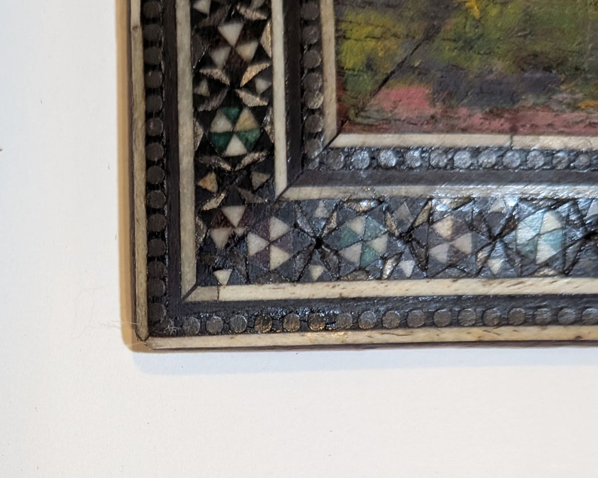 Miniature Impressionist Oil Landscape in Damascene Inlaid Mother of Pearl Frame