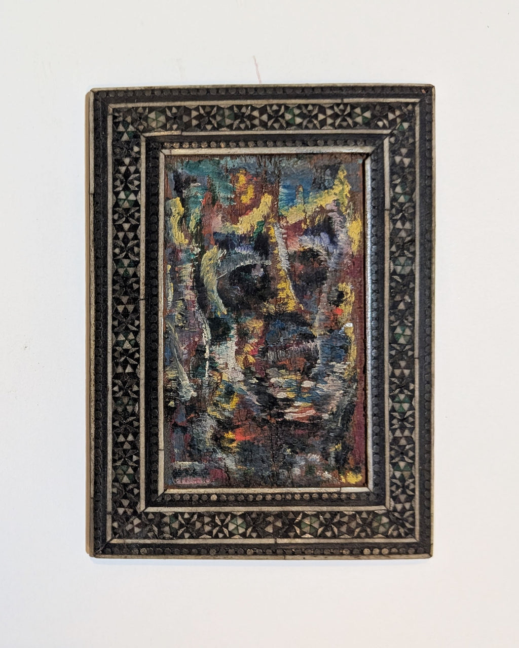 Miniature Abstract Oil Portrait in Damascene Inlaid Mother of Pearl Frame