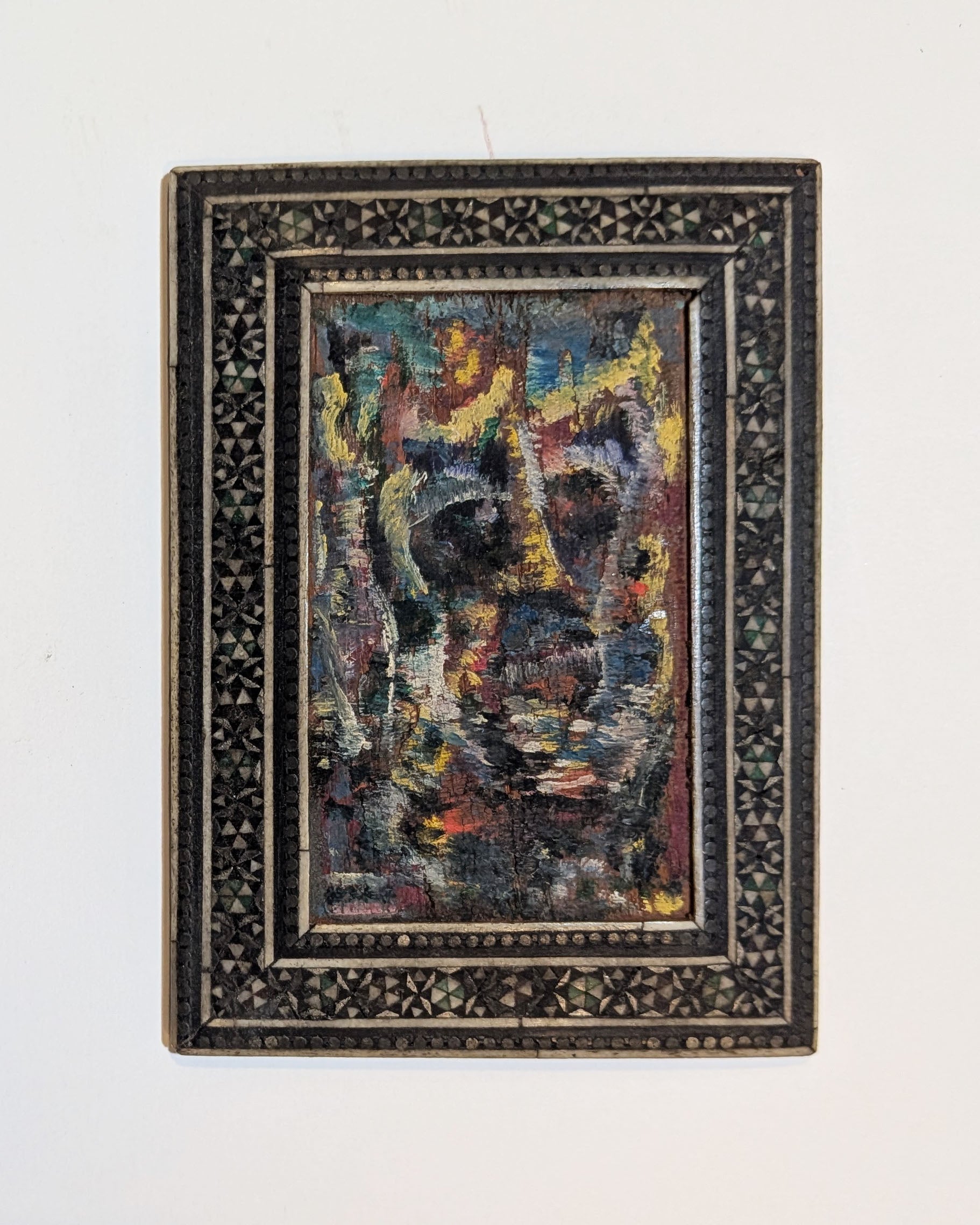 Miniature Abstract Oil Portrait in Damascene Inlaid Mother of Pearl Frame