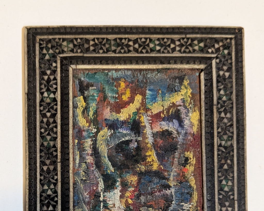 Miniature Abstract Oil Portrait in Damascene Inlaid Mother of Pearl Frame