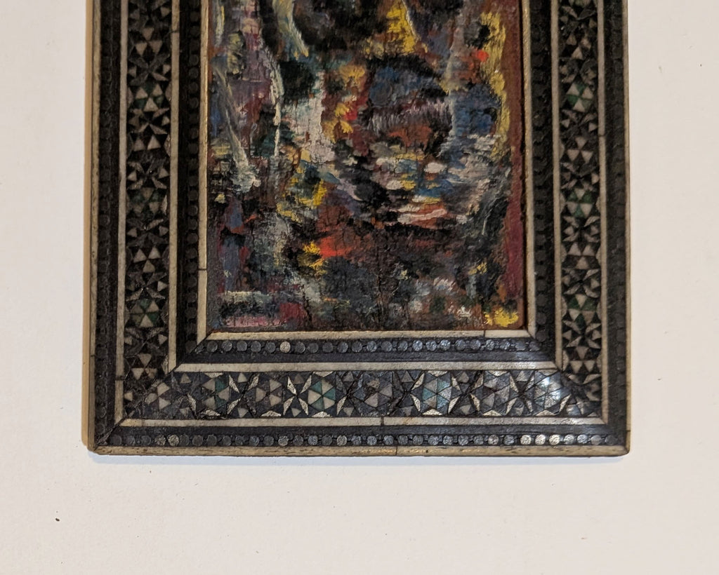 Miniature Abstract Oil Portrait in Damascene Inlaid Mother of Pearl Frame