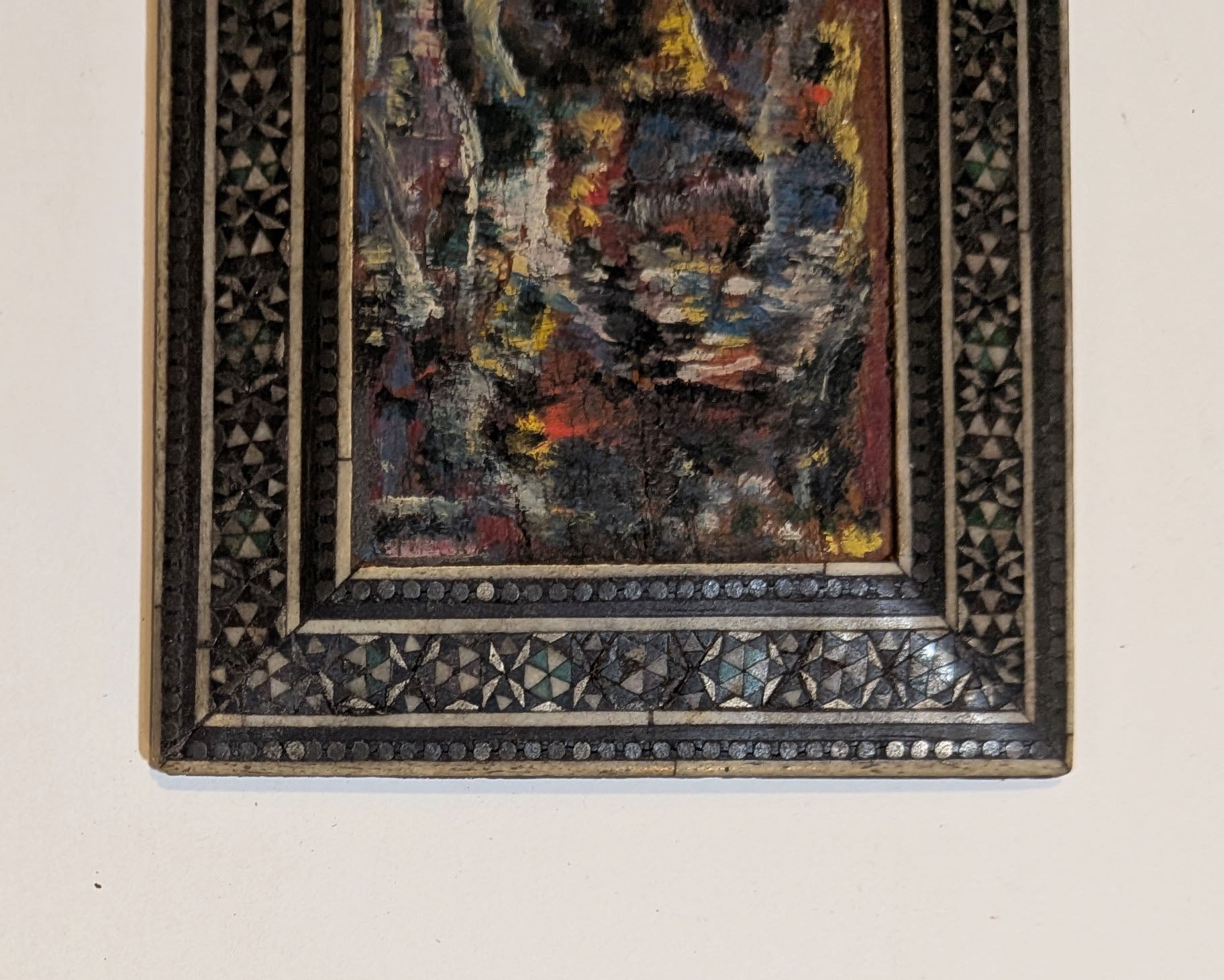 Miniature Abstract Oil Portrait in Damascene Inlaid Mother of Pearl Frame