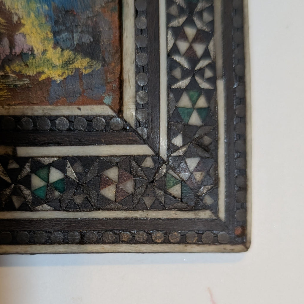 Miniature Abstract Oil Portrait in Damascene Inlaid Mother of Pearl Frame