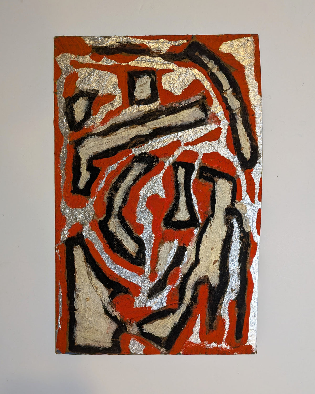 Vintage Mid-Century Primitivist Mixed Media Abstract Acrylic Metal Foil Board