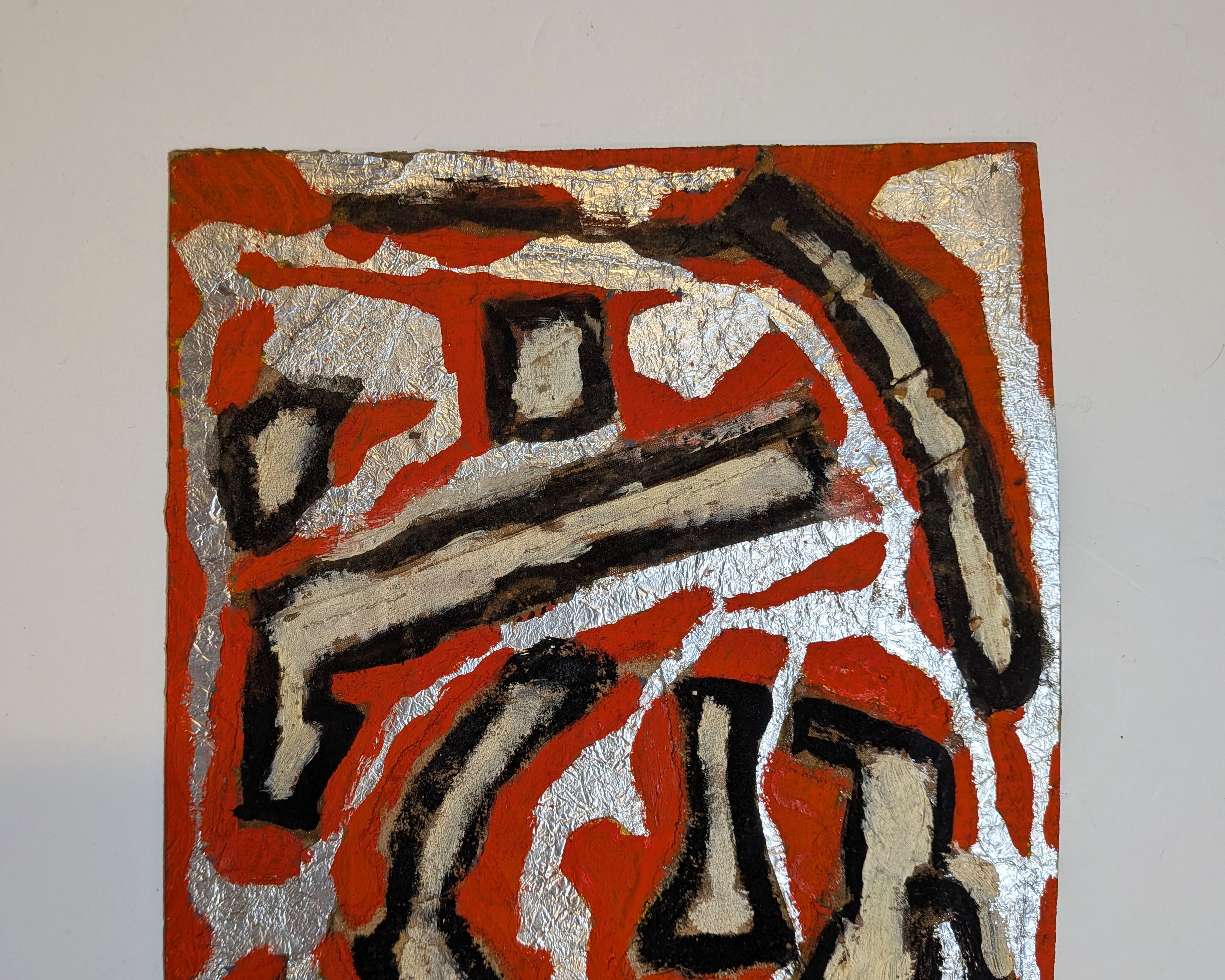 Vintage Mid-Century Primitivist Mixed Media Abstract Acrylic Metal Foil Board