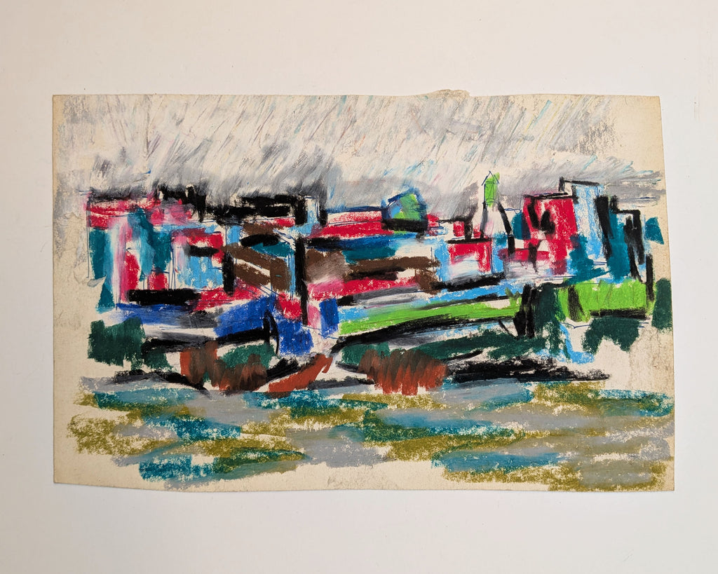 Mid-Century Modernist Architectural Cityscape Waterfront Oil Pastel on Paper