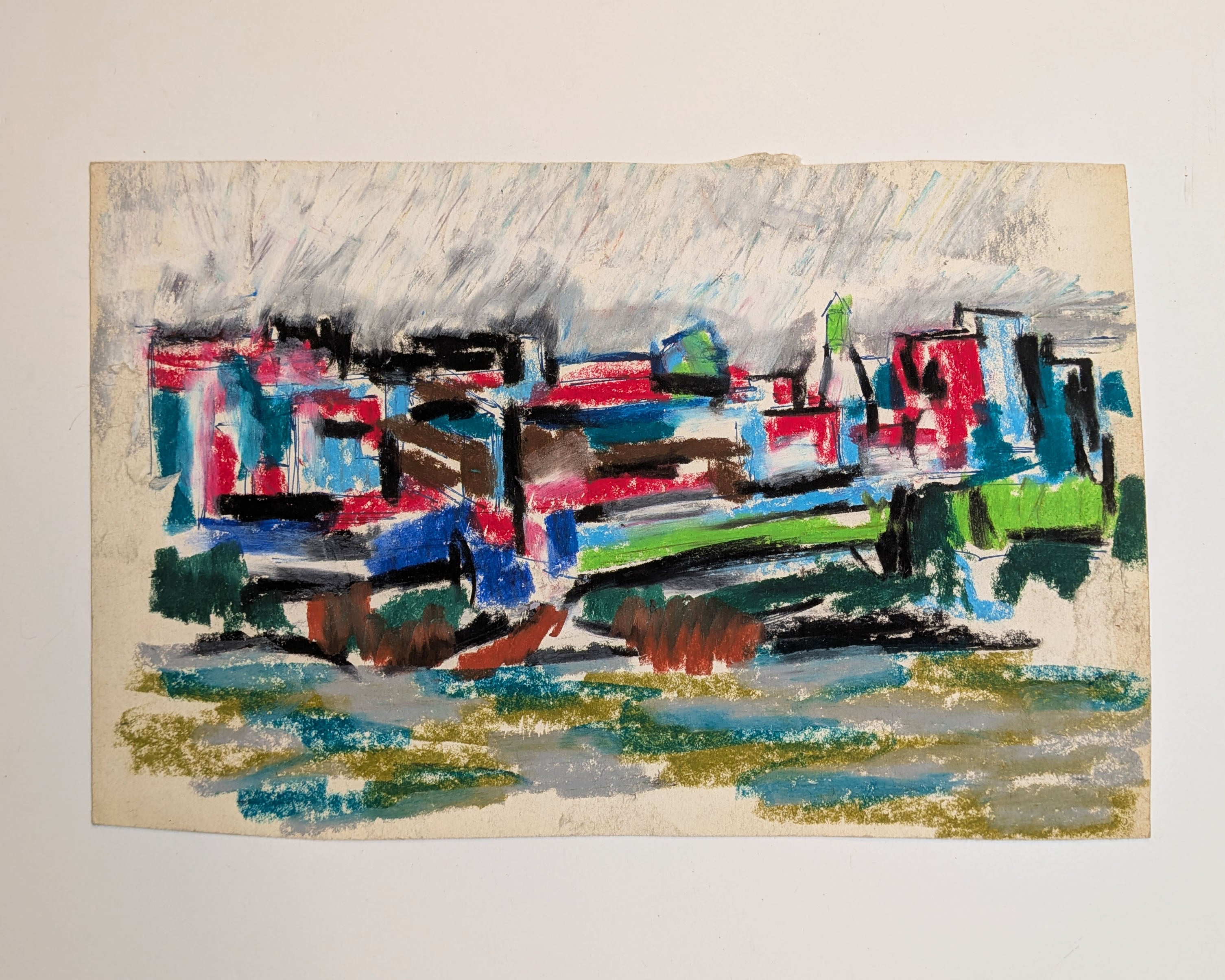 Mid-Century Modernist Architectural Cityscape Waterfront Oil Pastel on Paper